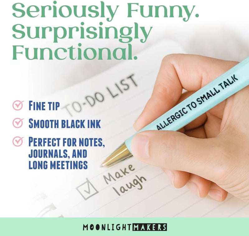 Moonlight Makers - Set of 5 Ballpoint Pens Black Ink- Engraved Funny Pens for Adults - Antisocial Social Club Adult Gifts - Ideal Desk Decor for Work & Office Desk - Cute Packaging, Handy Clips - Image 2